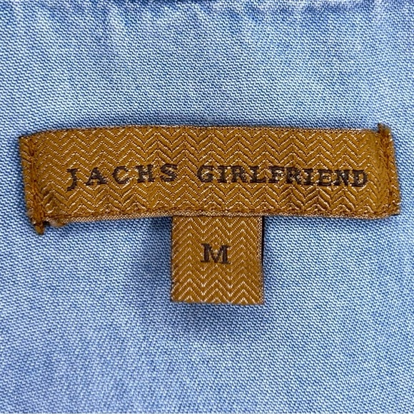 Medium Jachs Girlfriend Blue Lyocell Palm Tree Print Short Sleeve Button Up Top - Picture 12 of 16